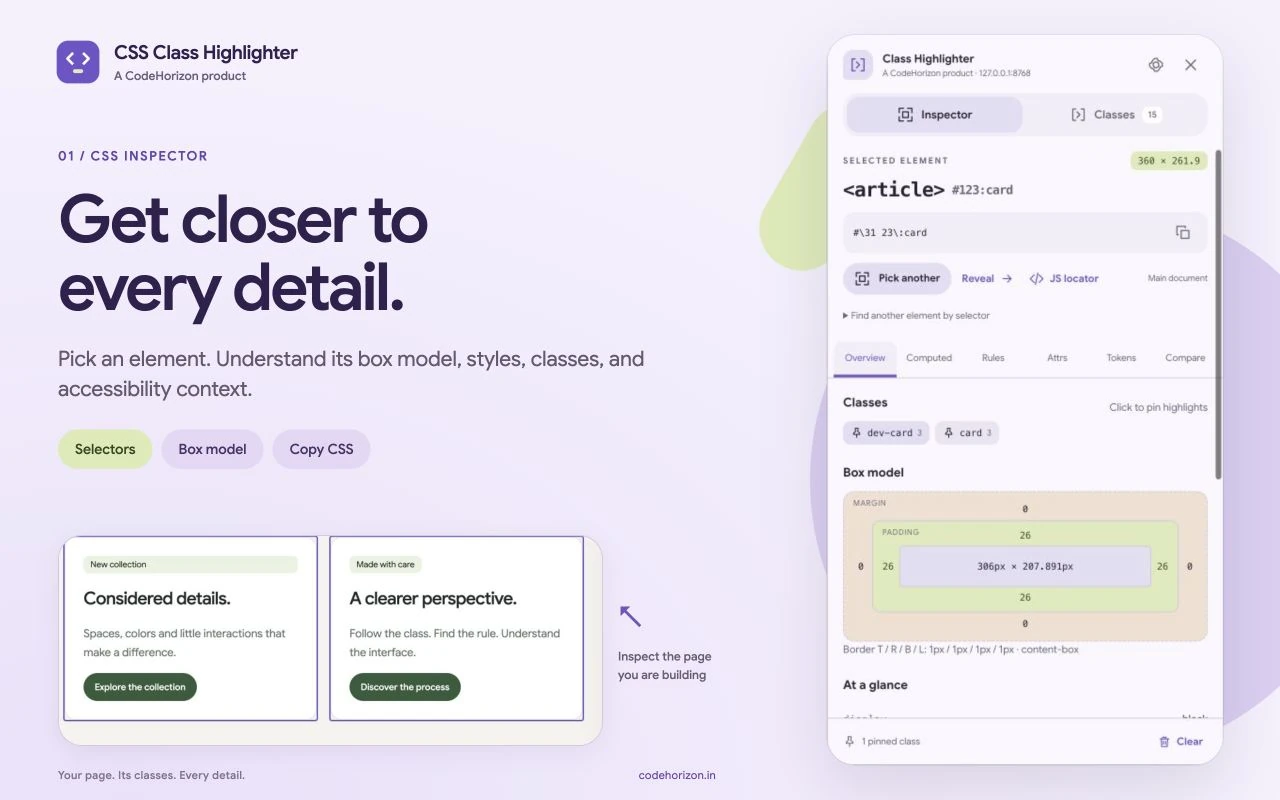 Element inspection, box model and CSS context