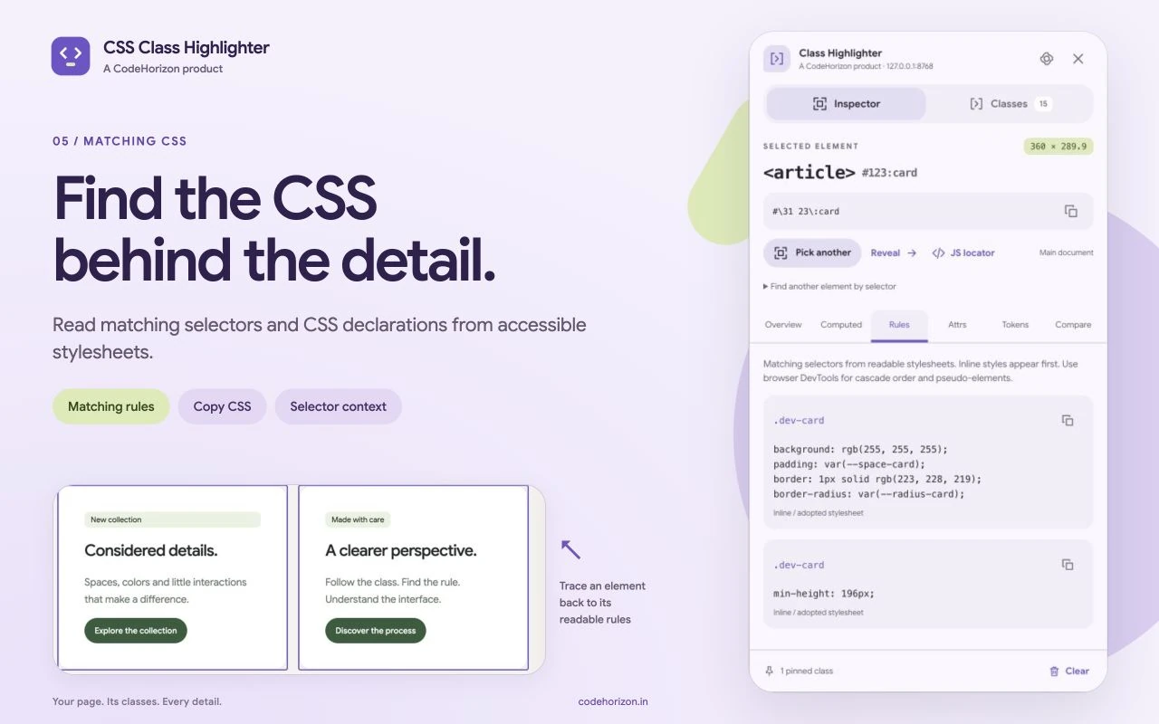 Matching selectors and readable CSS declarations